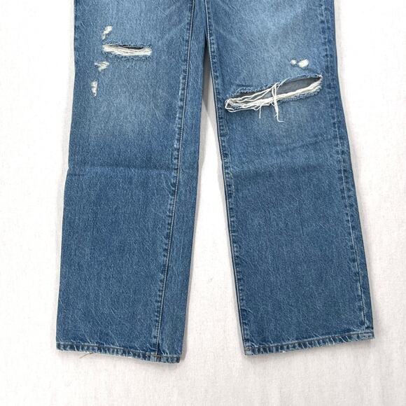 ZARA Distressed Loose Fit Low Rise Jeans Womens 27 Medium Blue Wash Straight Leg - Picture 6 of 15
